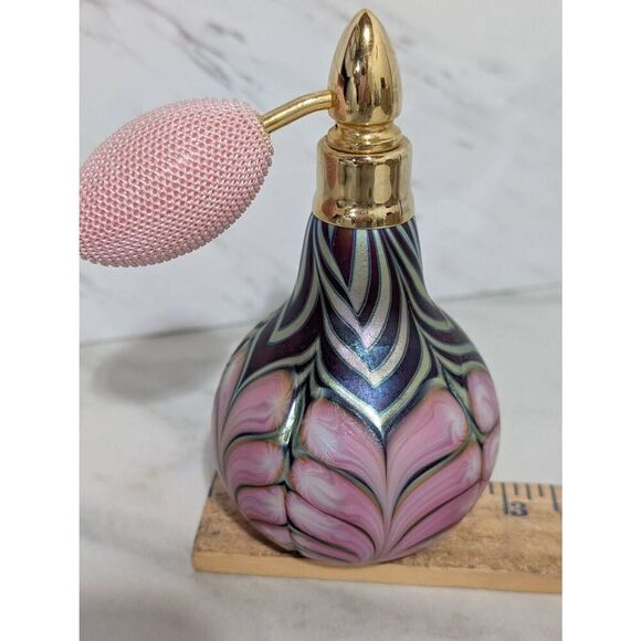 Daniel Lotton Signed 1991 Swirled Iridescent Blown Art Glass Perfume Atomizer Bo - Picture 7 of 8